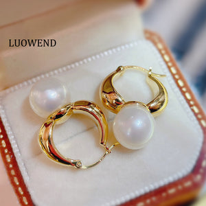 LUOWEND 18K Yellow Gold Real Natural Pearl Hoop Earrings for Women