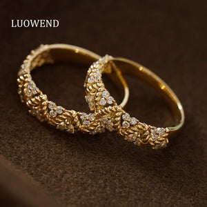 LUOWEND 18K Yellow Gold Real Natural Diamond Ring for Women