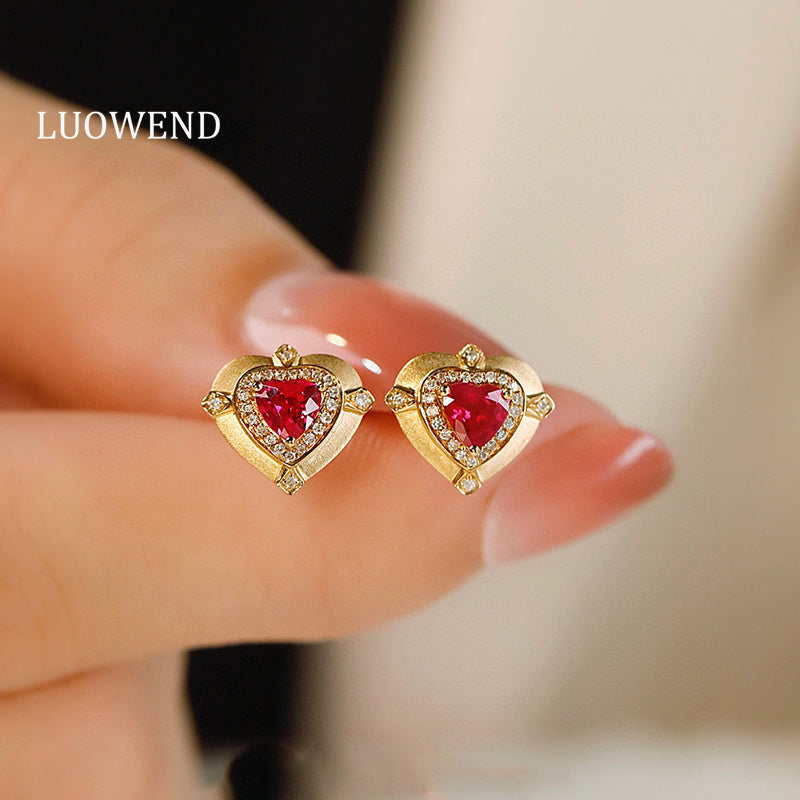 LUOWEND 18K Yellow Gold Real Natural Ruby and Diamond Gemstone Earrings for Women