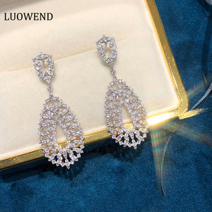 LUOWEND 18K White Gold Real Natural Diamond Drop Earrings for Women