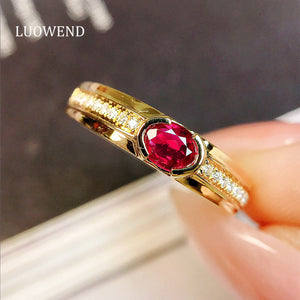 LUOWEND 18K Yellow Gold Real Natural Ruby and Diamond Gemstone Ring for Women