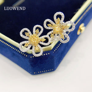 LUOWEND 18K White Gold Real Natural Yellow Diamond Stud Earrings for Women