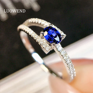LUOWEND 18K White Gold Real Natural Sapphire Ring for Women