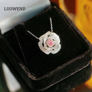 LUOWEND 18K White Gold Natural Pink Diamond Necklace for Women