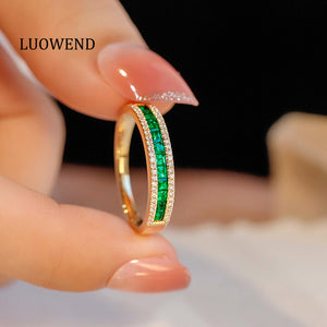 LUOWEND 18K Yellow Gold Real Natural Emerald Ring for Women