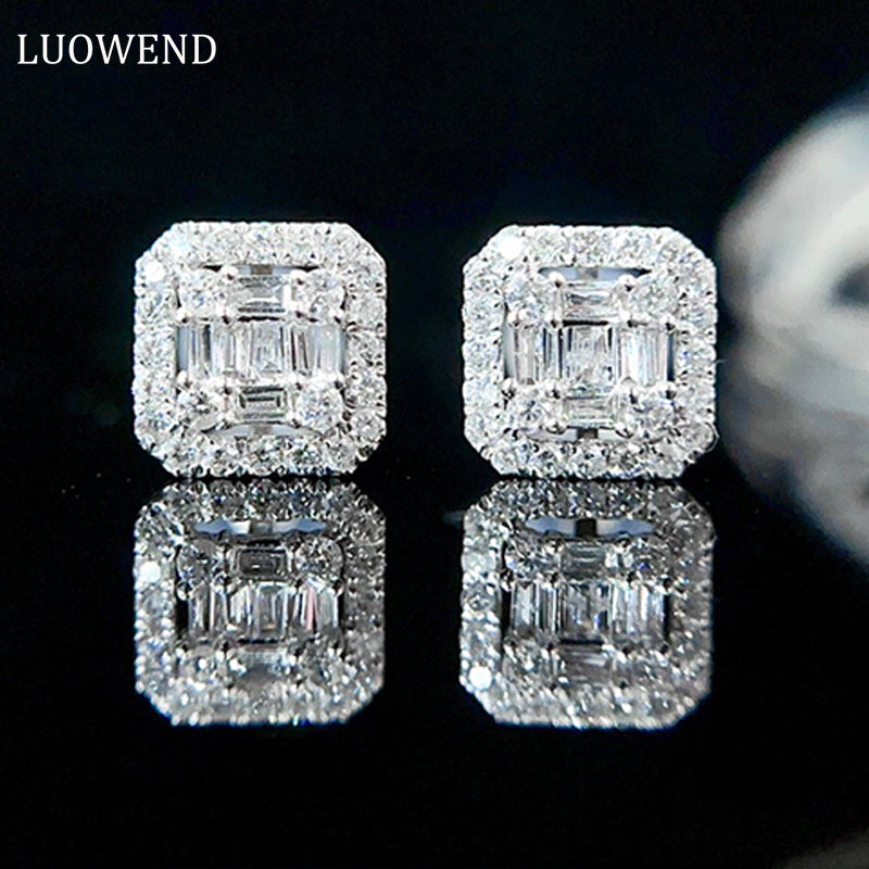 LUOWEND 18K White Gold Real Natural Diamond Stud Earrings for Women