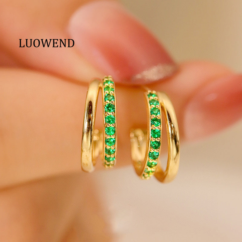 LUOWEND 18K Yellow Gold Real Natural Emerald Stud Earrings for Women