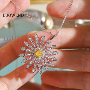 LUOWEND 18K White Gold Natural Yellow Diamond Necklace for Women