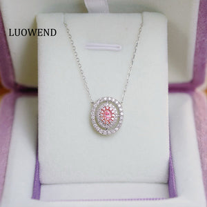 LUOWEND 18K White Gold Natural Pink Diamond Necklace for Women