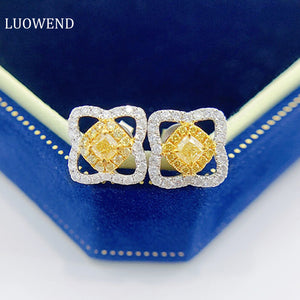 LUOWEND 18K White Gold Real Natural Yellow Diamond Stud Earrings for Women