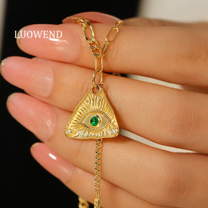 LUOWEND 18K Yellow Gold Real Natural Emerald and Diamond Gemstone Necklace for Women