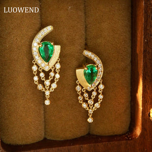 LUOWEND 18K Yellow Gold Real Natural Emerald and Diamond Gemstone Earrings for Women