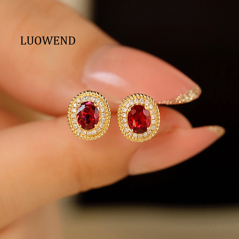 LUOWEND 18K Yellow Gold Real Natural Ruby and Diamond Earrings for Women