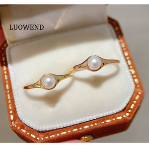 LUOWEND 18K Yellow or Rose Gold Real Natural Pearl Ring for Women