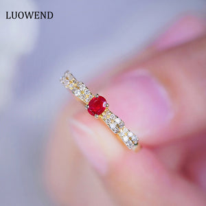 LUOWEND 18K Yellow Gold Real Natural Ruby and Diamond Gemstone Ring for Women