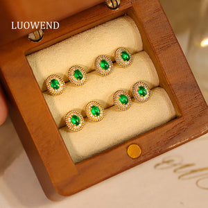 LUOWEND 18K Yellow Gold Real Natural Emerald and Diamond Gemstone Earrings for Women