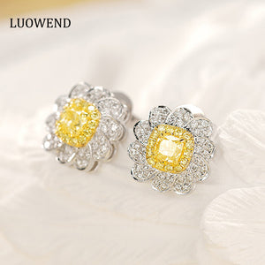 LUOWEND 18K White Gold Real Natural Yellow Diamond Stud Earrings for Women