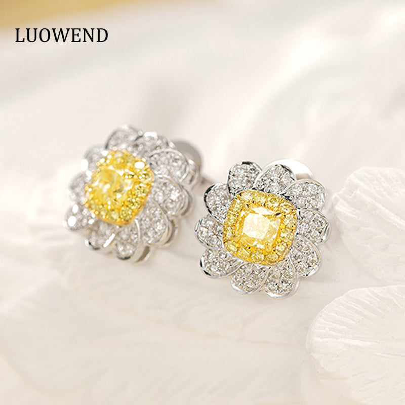 LUOWEND 18K White Gold Real Natural Yellow Diamond Stud Earrings for Women