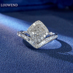 LUOWEND 18K White Gold Real Natural Diamond Ring for Women