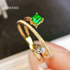 LUOWEND 18K Yellow Gold Real Natural Emerald and Diamond Gemstone Ring  for Women