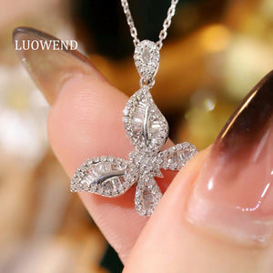 LUOWEND 18K White Gold Natural Diamond Pendant Necklace for Women