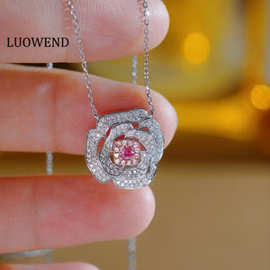 LUOWEND 18K White Gold Natural Pink Diamond Necklace for Women