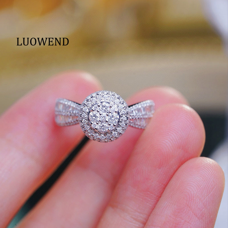 LUOWEND 18K White Gold Natural Diamond Ring for Women