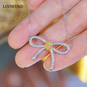 LUOWEND 18K White Gold Real Natural Yellow Diamond Pendant Necklace for Women