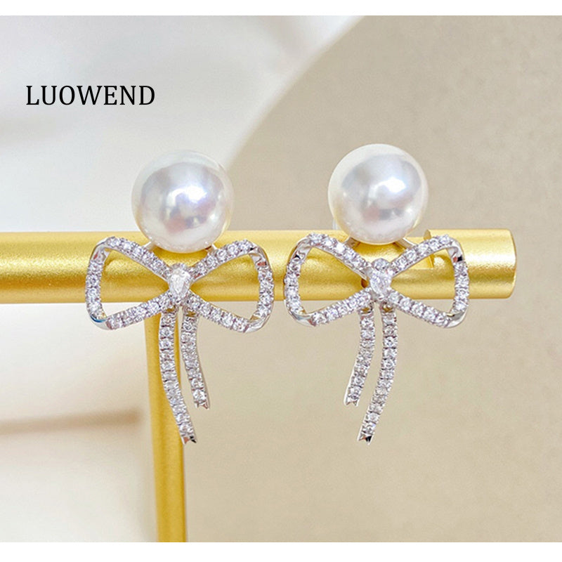 LUOWEND 18K White Gold Akoya Pearl Earrings for Women