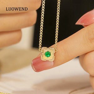 LUOWEND 18K Yellow Gold Real Natural Emerald and Diamond Gemstone Necklace for Women