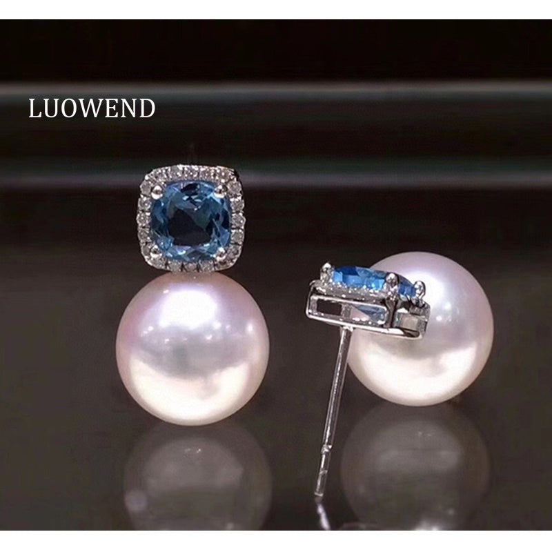 LUOWEND 18K White Gold Natural Akoya Pearl Stud Earrings for Women