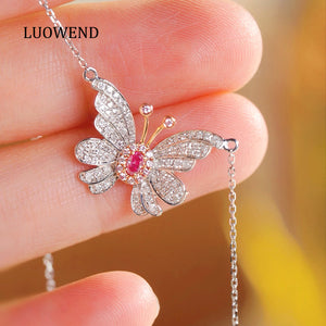 LUOWEND 18K White Gold Natural Pink Diamond Necklace for Women