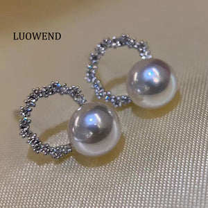 LUOWEND 18K White Gold Real Natural Akoya Pearl Earrings for Women