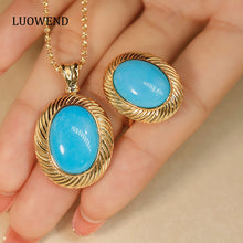 Load image into Gallery viewer, LUOWEND 18K Yellow Gold Real Natural Turquoise Necklace&amp;Ring for Women
