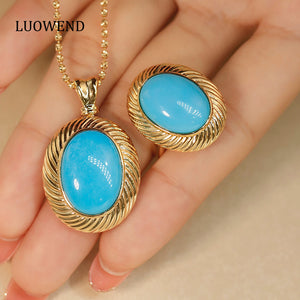 LUOWEND 18K Yellow Gold Real Natural Turquoise Necklace&Ring for Women