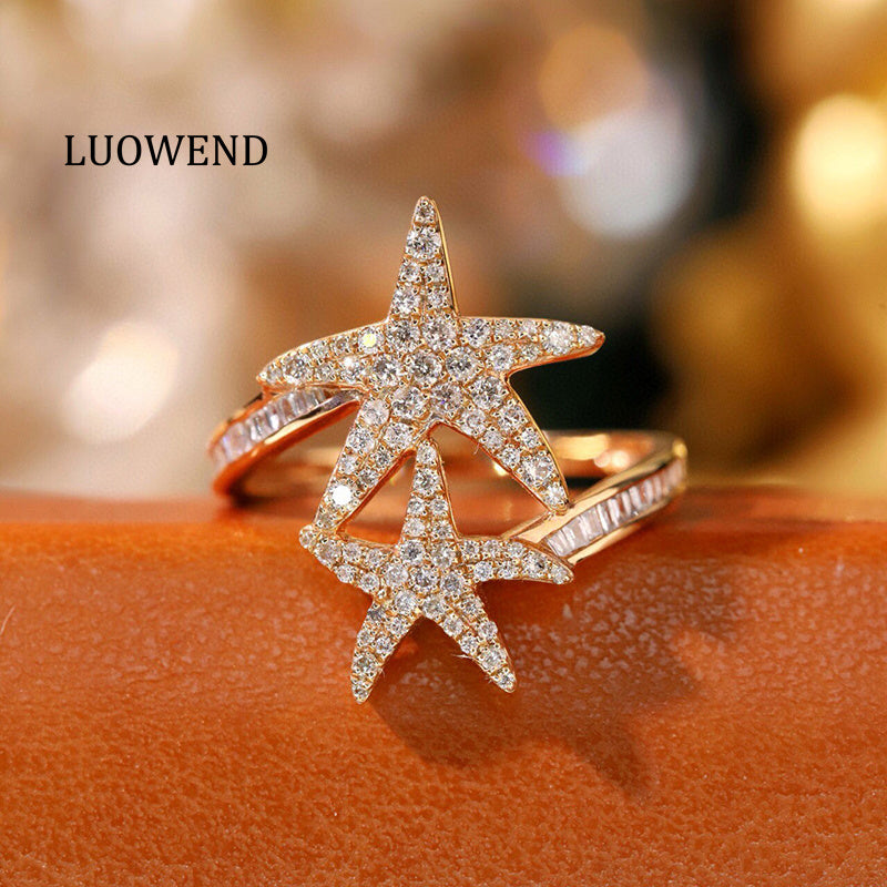 LUOWEND 18K Rose Gold Natural Diamond Ring for Women