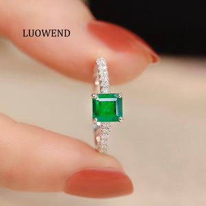 LUOWEND 18K White Gold Real Natural Emerald Ring for Women