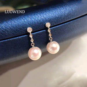 LUOWEND 18K White Gold Real Natural Akoya Pearl Earrings for Women