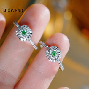 LUOWEND 18K White Gold Naturtal Green Diamond Ring for Women