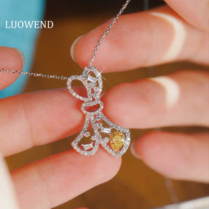 LUOWEND 18K White Gold Natural Yellow Diamond Necklace for Women