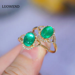 LUOWEND 18K Yellow Gold Real Natural Emerald and Diamond Gemstone Ring for Women