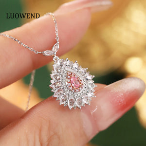 LUOWEND 18K White Gold Real Natural Pink Diamond Pendant Necklace for Women