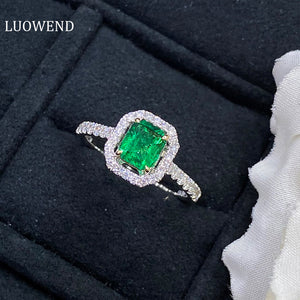 LUOWEND 18K White and Yellow Gold Real Natural Emerald Gemstone Ring for Women