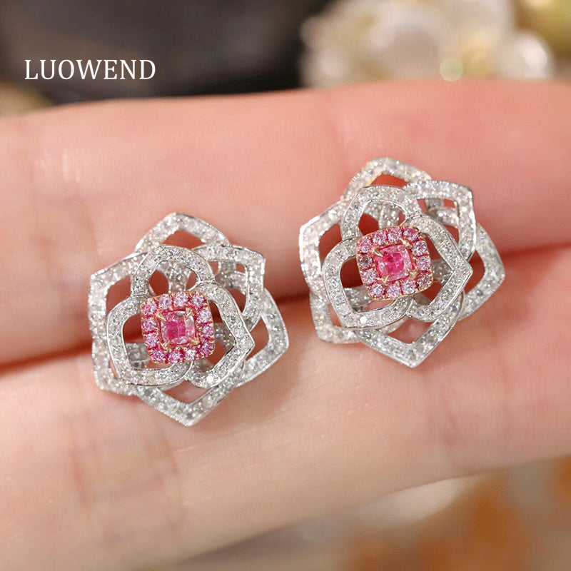 LUOWEND 18K White Gold Real Natural Pink Diamond Stud Earrings for Women