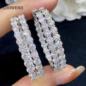 LUOWEND 18K White Gold Real Natural Diamond Hoop Earrings for Women