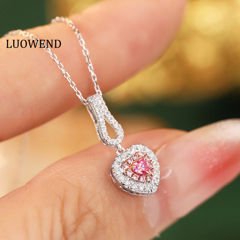 LUOWEND 18K White Gold Real Natural Pink Diamond Pendant Necklace for Women