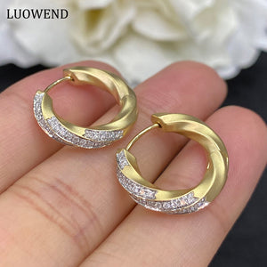 LUOWEND 18K White or Yellow Gold Real Natural Diamond Hoop Earrings for Women