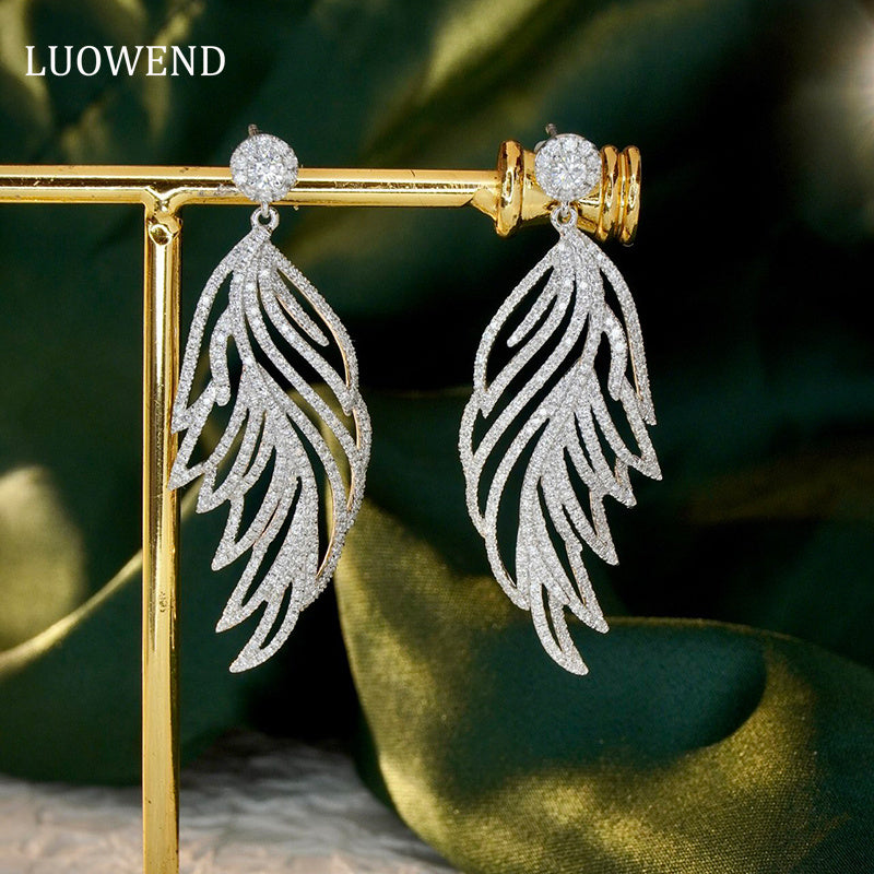 LUOWEND 18K White Gold Real Natural Diamond Drop Earrings for Women