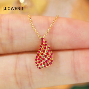 LUOWEND 18K Yellow Gold Real Natural Ruby Pendant Necklace for Women