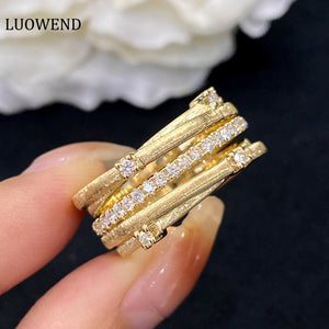 LUOWEND 18K Yellow Gold Real Natural Diamond Ring for Women